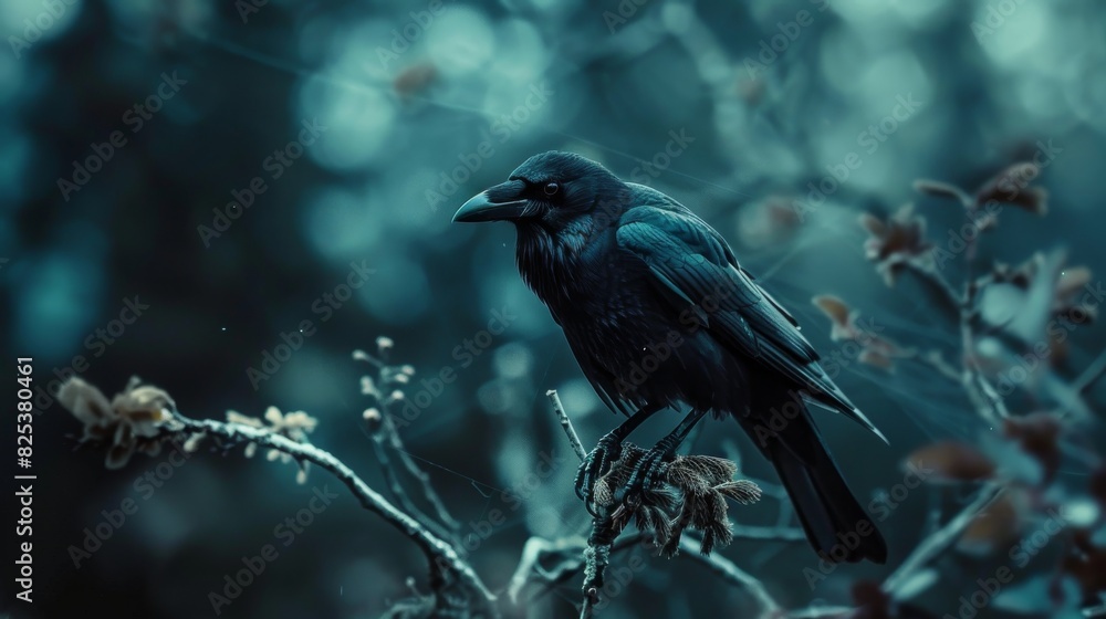 Majestic black bird, raven, perched on an old oak tree branch amidst lush green foliage Majestic black bird, raven, perched on an old oak tree branch amidst lush green foliage