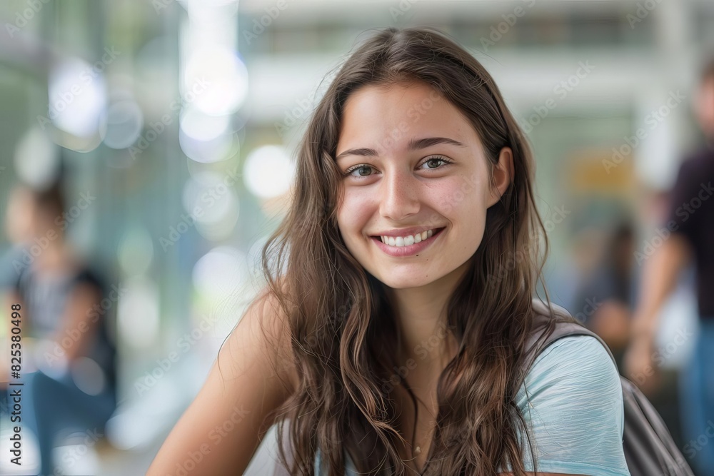 smiling young brunette female college student looking at camera education portrait