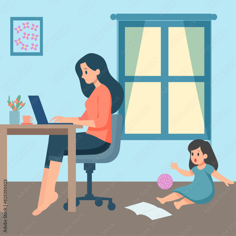 Illustration of a mother working from home and her daughter seated on the floor looking at her mom Illustration of a mother working from home and her daughter seated on the floor looking at her mom