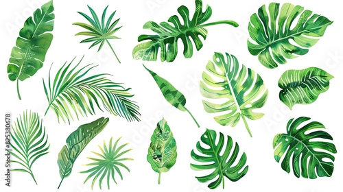 A watercolor vector illustration set featuring tropical leaves  exotic plants  palm leaves  and monstera isolated on a white background.