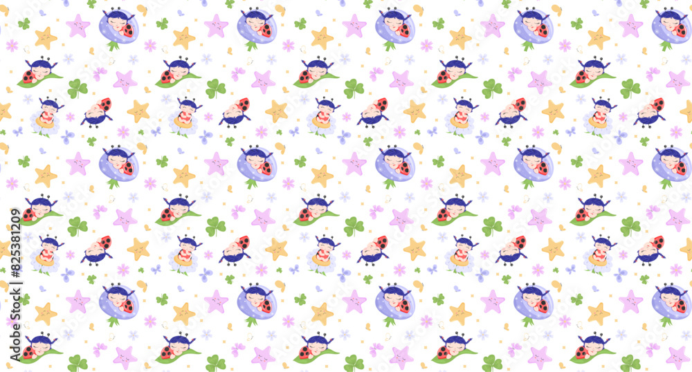 Seamless pattern for children's bedding and children's clothing. Ladybug, cloud, star, butterfly Seamless pattern for children's bedding and children's clothing. Ladybug, cloud, star, butterfly