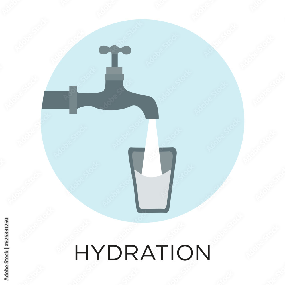 Hydration with water faucet and glass of water vector icon, flat style illustration Hydration with water faucet and glass of water vector icon, flat style illustration