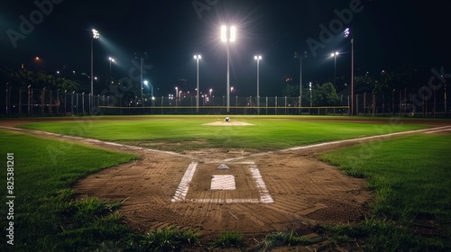 Empty baseball field at night under stadium lights. Sports field with green grass and dirt infield
