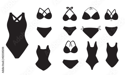 Collection of swimsuits and bikini silhouette. Hand drawn vector art.