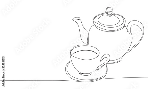 Kettle and cup of tea one line continuous. Line art cup and kettle. Hand drawn vector art.