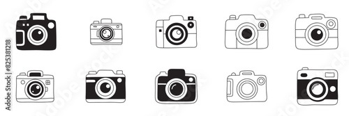 Collection of camera silhouette in doodle style. Camera icons set. Hand drawn vector art.