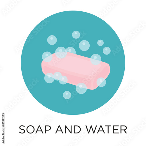 Soap and water vector icon with soap and bubbles, flat style illustration