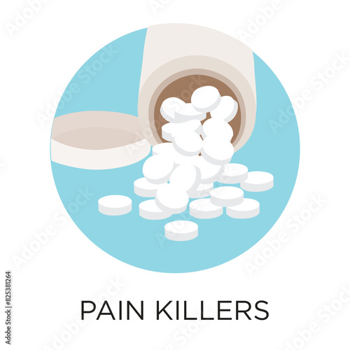 Pain killers vector icon, flat style illustration, circle design, black type, infographic