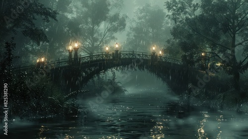 Rainstorm Illuminating Mystical Bridge A D Rendered Architectural Masterpiece Amidst Misty River