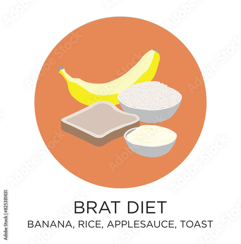 BRAT diet vector icon with banana rice applesauce toast