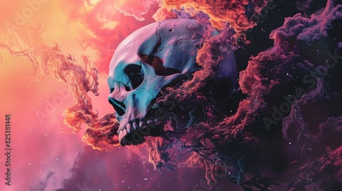 A skull is painted in the sky, surrounded by celestial elements