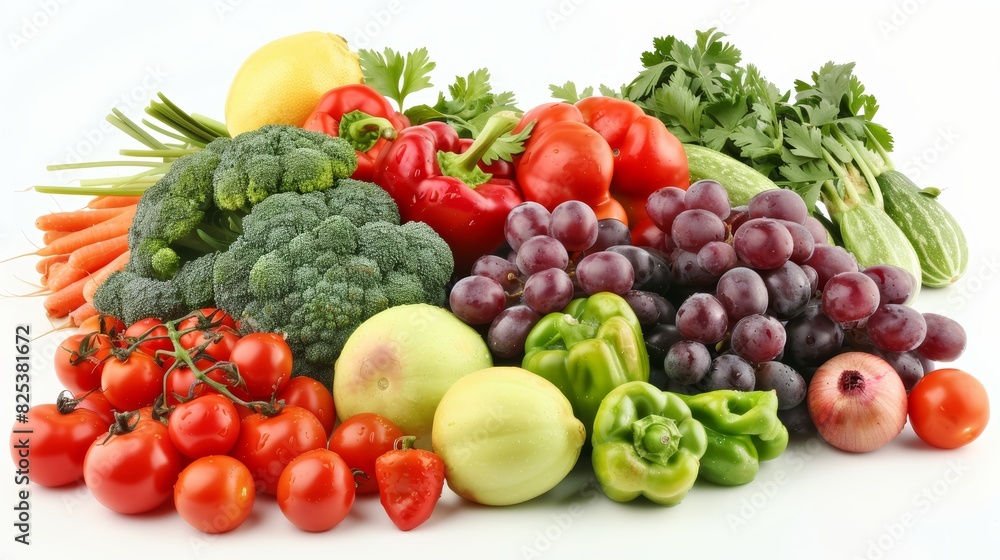 Assorted fresh vegetables and fruits including tomatoes, broccoli, grapes, carrots, bell peppers, and cucumbers on a white background.