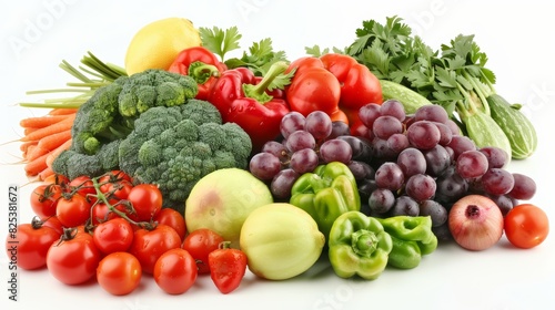 Assorted fresh vegetables and fruits including tomatoes  broccoli  grapes  carrots  bell peppers  and cucumbers on a white background.