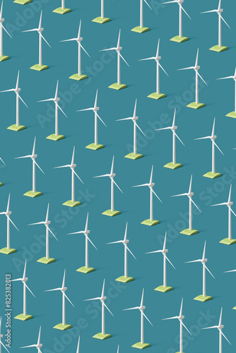 Seamless pattern of windmills in diagonal rows on blue background photo