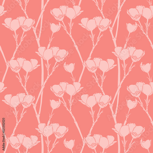 Delicate hand-drawn monochrome seamless repeat pattern design of intricate intertwined blossoming quince branches. Pink blooming tree textile and fabric design. Trailing floral pattern