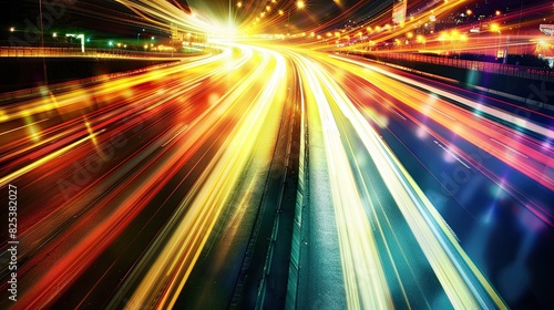 Abstract cityscape background featuring a night highway with illuminated road lights, capturing the motion of traffic. The image has a long exposure, creating a dynamic and blurred effect.