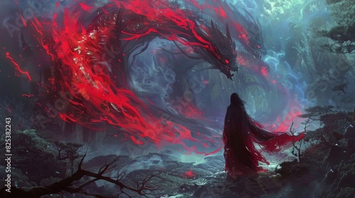A man stoically faces a majestic red dragon in a fantastical setting