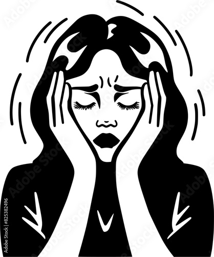 Woman having a headache black vector icon isolated on a transparent background.