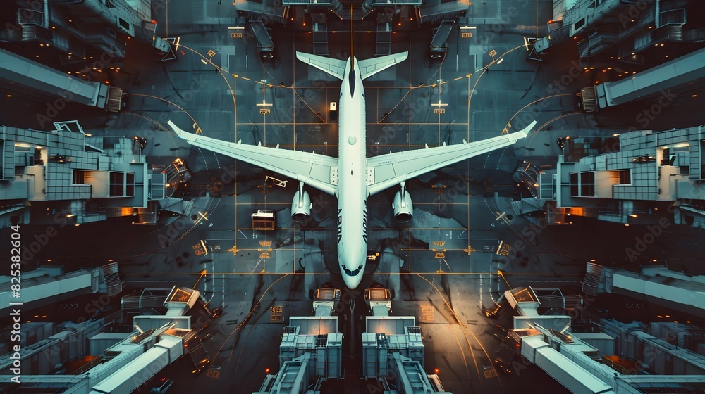 Aerial view of a busy airport terminal with planes parked at gates, resembling a kaleidoscope pattern, showcasing modern aviation infrastructure. Aerial view of a busy airport terminal with planes parked at gates, resembling a kaleidoscope pattern, showcasing modern aviation infrastructure.