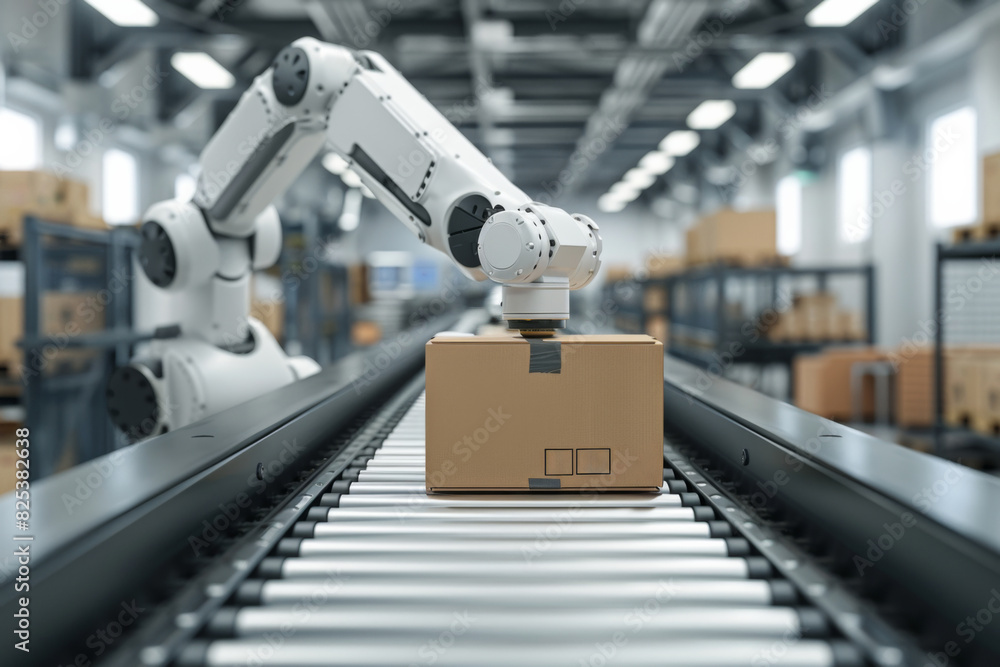 Robot arm sorting cardboard boxes on steel conveyor in warehouse.
Robot arm sorting cardboard boxes on steel conveyor in warehouse.