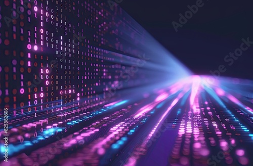 Abstract digital background with pastel binary code and light streaks on black background  symbolizing technology and data transfer in cyberspace. This represents the flow of data in computer networks