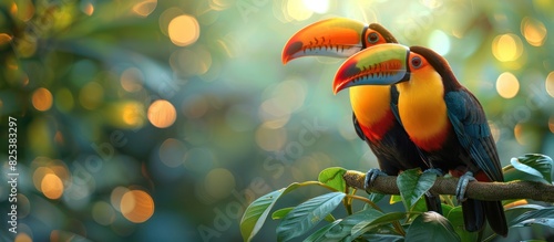 Pair of beautiful toucan birds with tropical plant leaves on blurred background photo