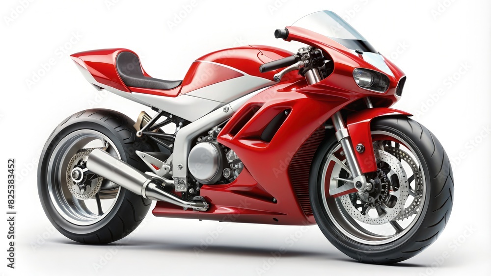 Red Motorcycle Parked on White Floor. Generative AI Red Motorcycle Parked on White Floor. Generative AI