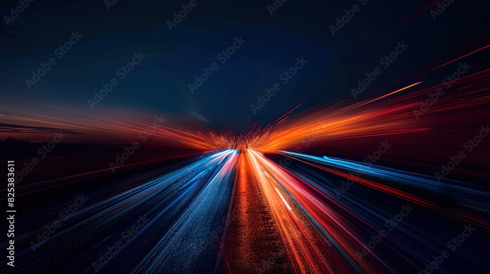 Abstract modern artwork with high speed sync blue and red lights background. Dark navy and orange tones, vibrant colorscape with high horizon lines.