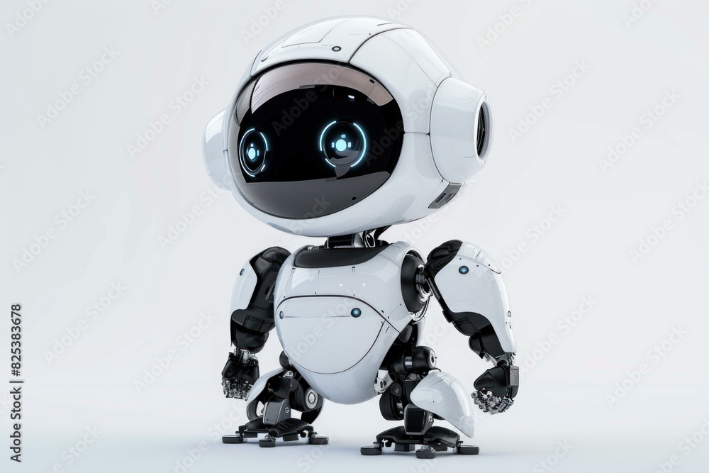 Modern, adorable robot with large, expressive eyes on a clean white background Modern, adorable robot with large, expressive eyes on a clean white background