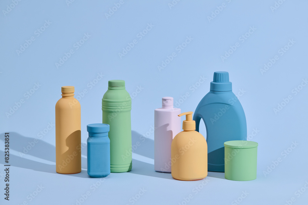 Colorful bottles and dispensers of cleaning and detergent Colorful bottles and dispensers of cleaning and detergent