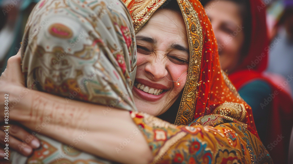 closeup photograph of worshippers exchanging heartfelt Eid greetings and embraces after completing Eid Salah with smiles and tears of joy expressing their shared faith and camaraderie