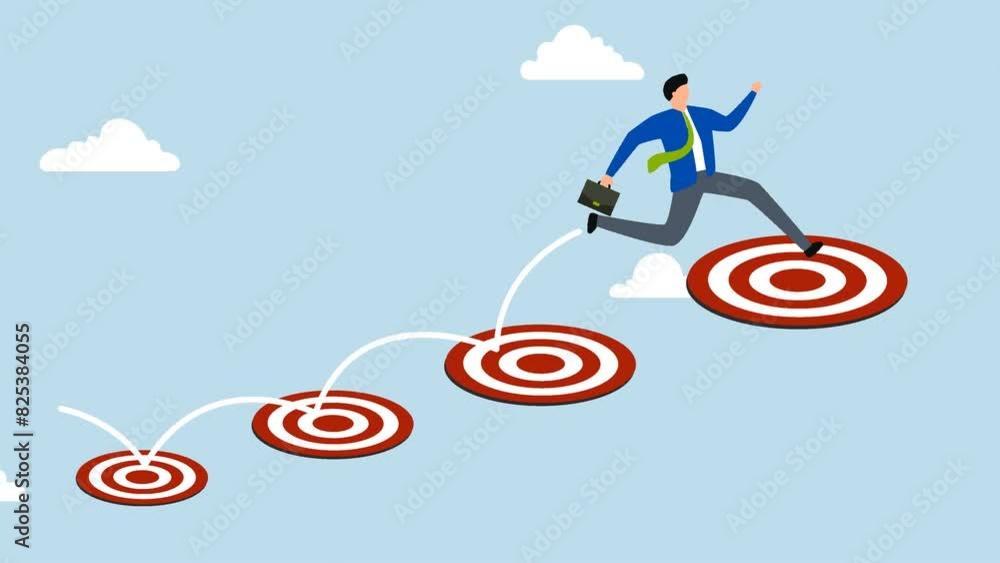 Aspiration and motivation to achieve bigger business target, 4k animation of businessman jumping on bigger and higher archery bull's eye. Aspiration and motivation to achieve bigger business target, 4k animation of businessman jumping on bigger and higher archery bull's eye.