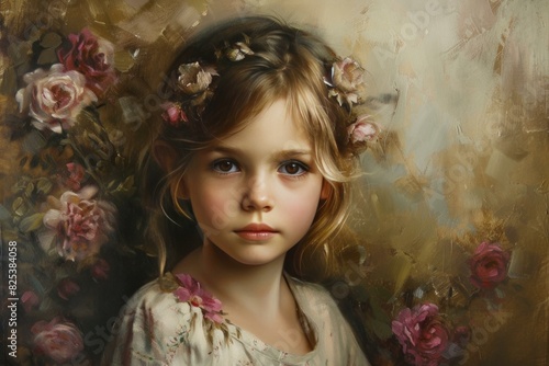 Portrait of a young girl with big eyes and a floral wreath, rendered in classic oil painting technique