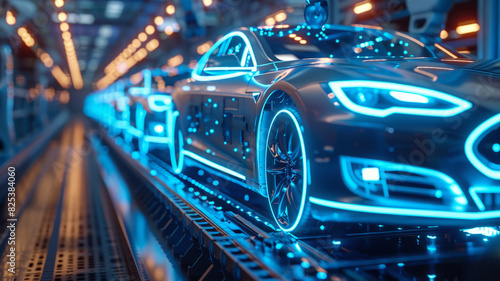 Creative Background, Automated Car Factory Concept, Robotic Arm Building Cars, Blue Glowing Bright Line,generative ai