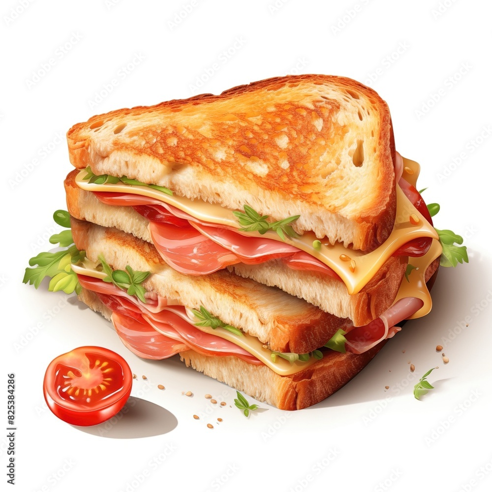 grilled and pressed toast with smoked ham, cheese and tomatos isolated on white background grilled and pressed toast with smoked ham, cheese and tomatos isolated on white background