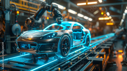 Creative Background, Automated Car Factory Concept, Robotic Arm Building Cars, Blue Glowing Bright Line,generative ai © Suralai