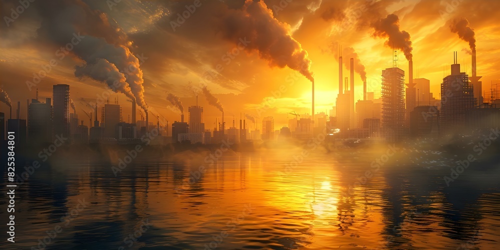 Polluted River, Smoky Sky, and Imposing Tall Buildings: A Dystopian City. Concept Dystopian Cityscape, Environmental Degradation, Urban Decay, Industrial Pollution, Grim Future