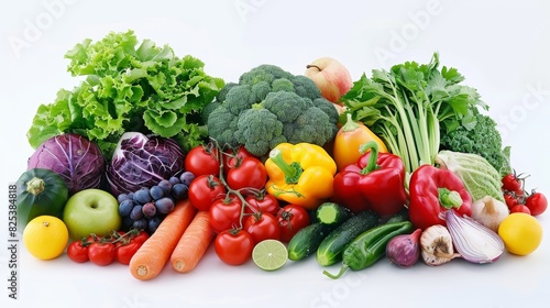 Variety of fresh vegetables and fruits including lettuce, broccoli, tomatoes, bell peppers, grapes, and carrots on a white background
