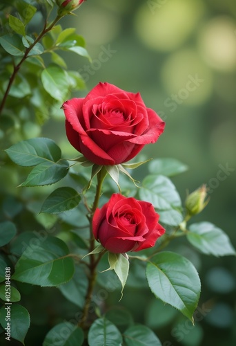 A vibrant red rose with green leaves against a blurred green background