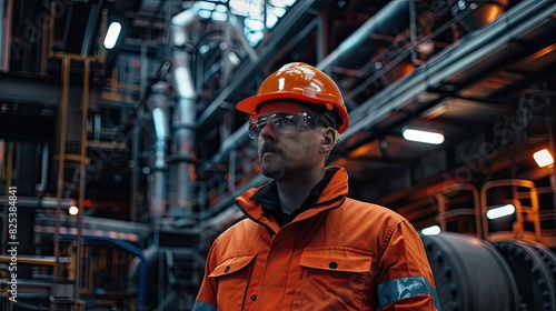 An engineer in an orange jacket, hard hat, and uniform standing in an industrial warehouse. The technician outside the warehouse in front of machinery, capturing the essence of industrial landscapes. © Sattawat