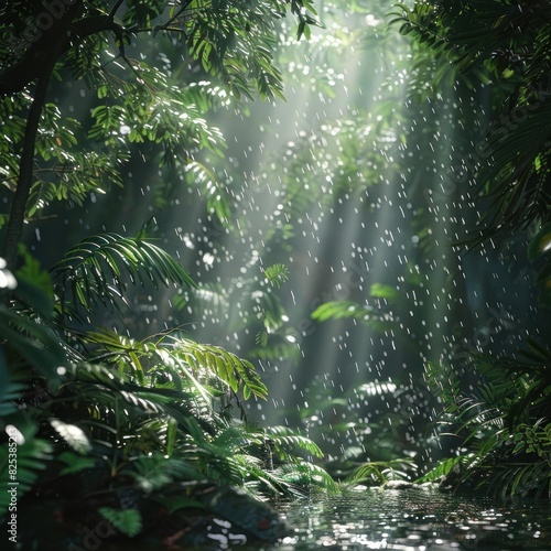 Serene Downpour in a D Rendered Rainforest An Immersive Wildlife Habitat © Sittichok