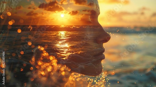 Double exposure of a serene human profile with a sunset over the ocean, blending nature and emotion in a harmonious composition. photo