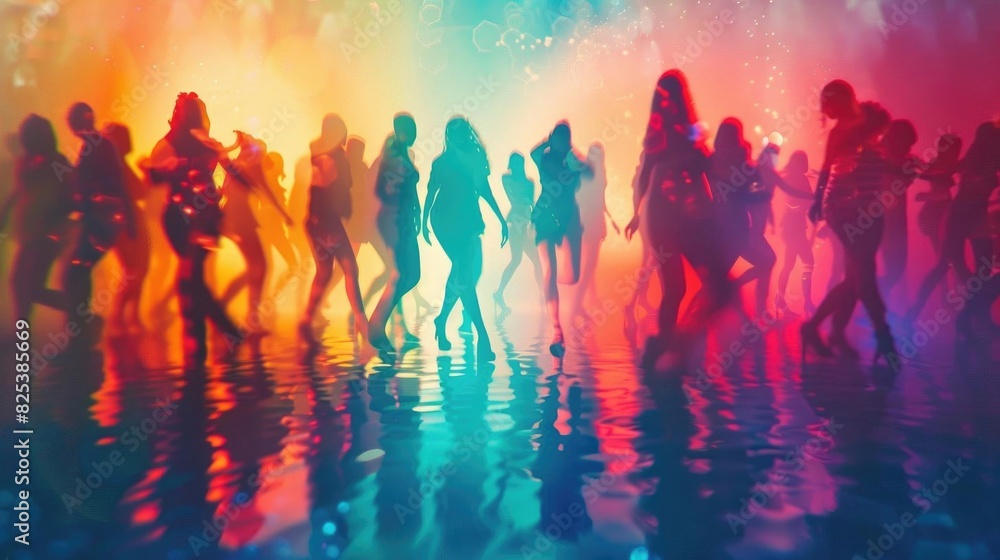 Vibrant nightlife scene with silhouettes of dancing people under colorful lights, reflecting on a water surface. Vibrant nightlife scene with silhouettes of dancing people under colorful lights, reflecting on a water surface.