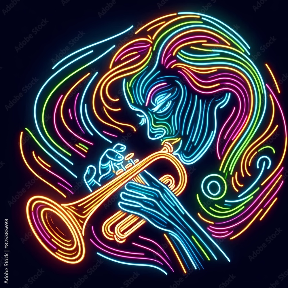 Neon Line Art of Musician Playing Trumpet Neon Line Art of Musician Playing Trumpet