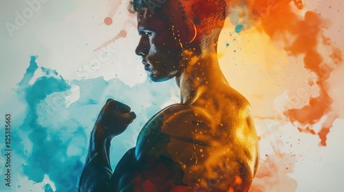 Artistic portrayal of a muscular man in profile with a colorful paint splatter effect emphasizing strength and creativity. photo