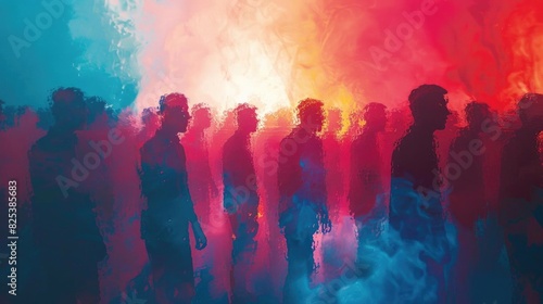 Abstract silhouettes of people walking through vibrant, colorful smoke creating a surreal and atmospheric effect.
