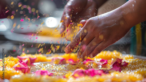 closeup shot of hands sprinkling rosewater or saffroninfused syrup over traditional Eid sweets adding a fragrant and flavorful touch photo