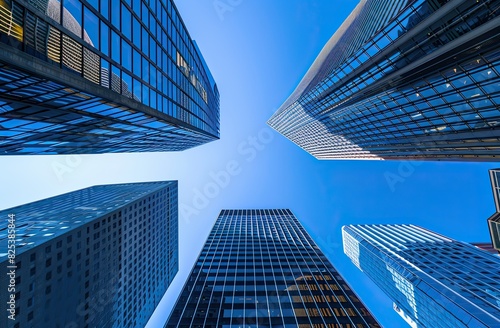 Business office towers rise against a bright blue sky  creating dynamic landscapes with detailed architecture. The skyscrapers reflect the sky  adding depth to the scene when viewed from a low angle