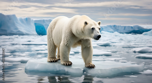 A Sad polar bear on a small piece of ice glacier in the sea of Antarctica, global warming and temperature increase concept 