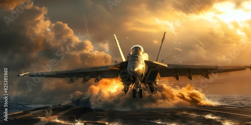 Digital art of military aircraft launching from carrier deck in open waters. Concept Military Aircraft, Carrier Deck, Open Waters, Digital Art, Action Scene photo